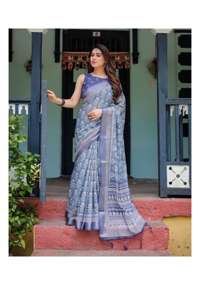 Malishka Export Floral Blue Linen Cotton Saree for Women - Image 1